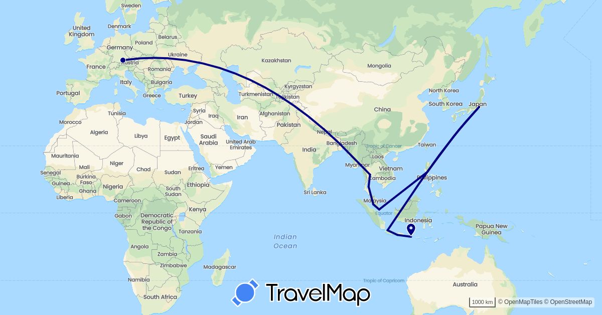 TravelMap itinerary: driving in Germany, Indonesia, Japan, Malaysia, Philippines, Singapore, Thailand (Asia, Europe)